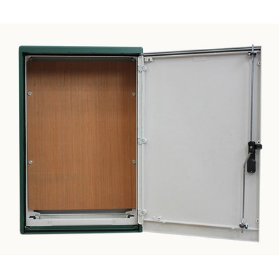 Picture of Green GRP Enclosure c/w single door/backboard/lock. 930x605x320mm (HxWxD)