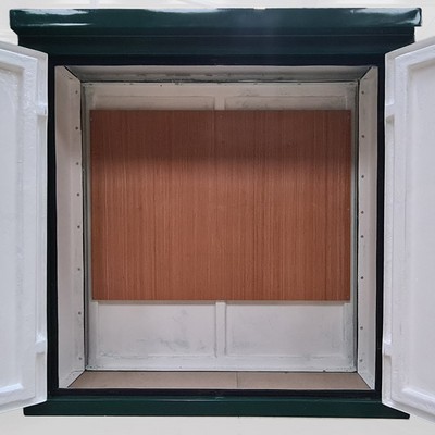 Picture of Green GRP Kiosk c/w single door/backboard/lock. 1150x940x470mm (HxWxD)
