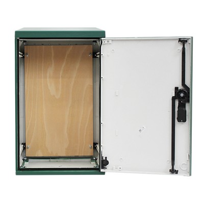 Picture of Green GRP Enclosure c/w single door/backboard/lock. 670x400x320mm (HxWxD)
