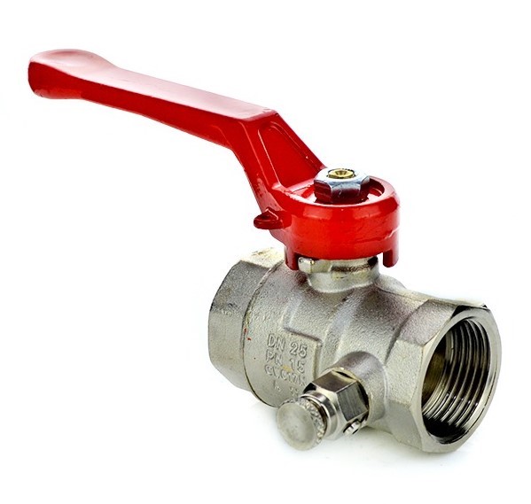 Picture of ¾" BSPP full flow brass ball valve. PTFE seat and NBR seal. PN20. ¼" Drain Plug
